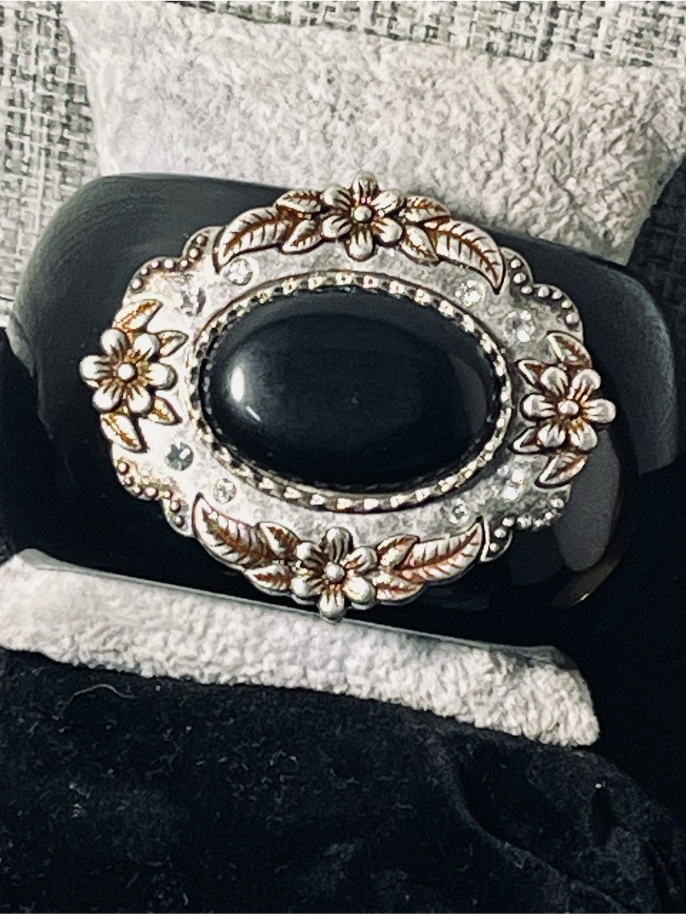 Unique Vintage Black Floral Oval Stone Hinged Statement Bracelet